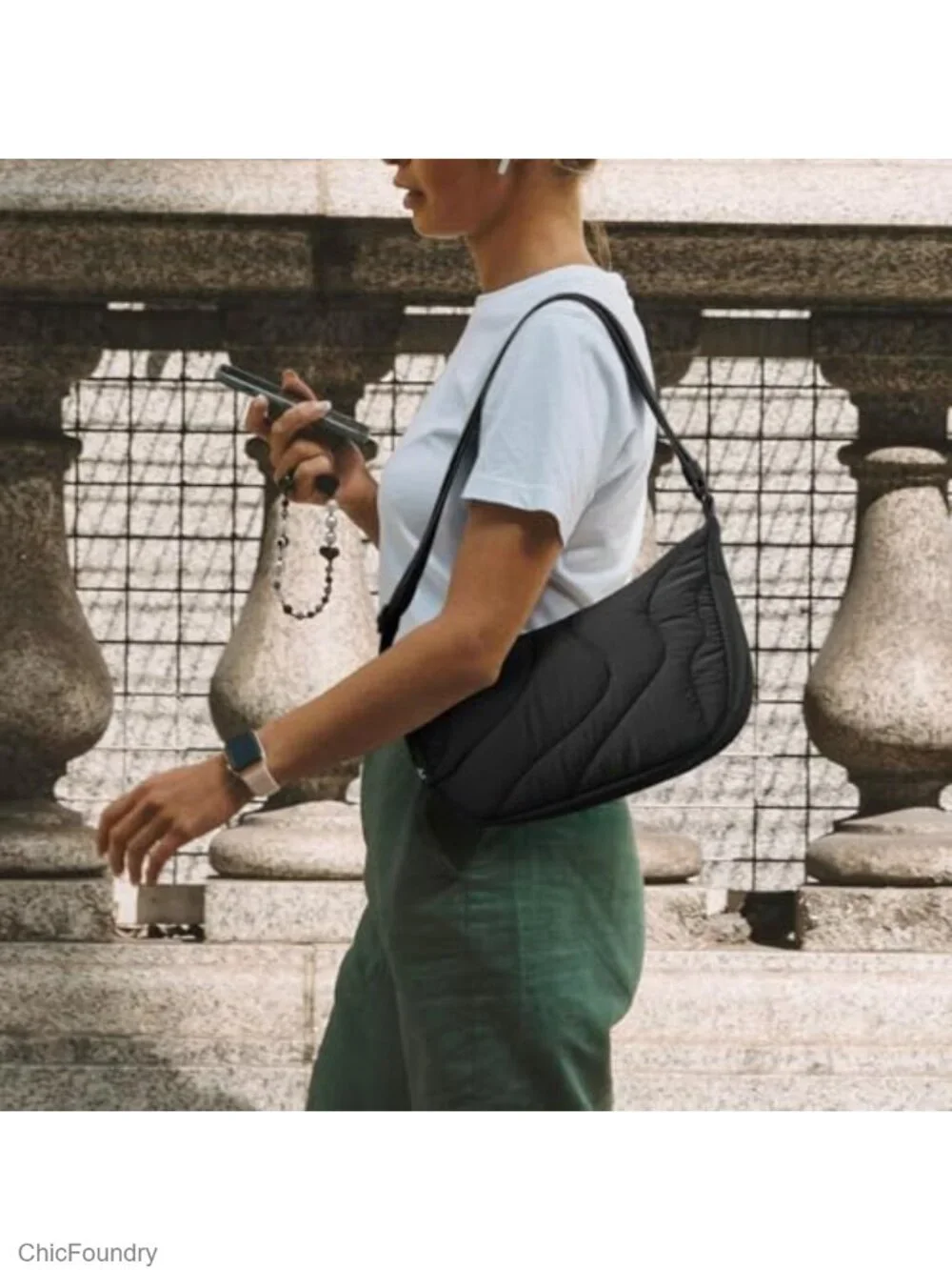 Quilted Nylon Crossbody Bag with Padded Strap, Water Resistant
